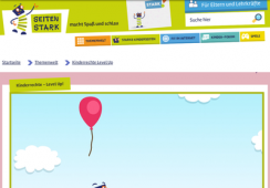 Screenshot der Kinderseite zum Level-Up-Projekt, eine Figur mit Luftballon